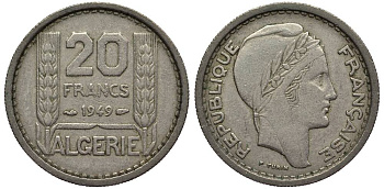 Алжир, Французский 20 франков 1949  KM 91 медно-никель 27-751
