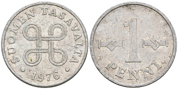 Финляндия 1 пенни 1976 KM 44а алюминий 192-1264