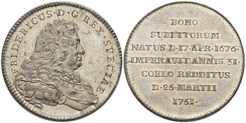 ШВЕЦИЯ МЕДАЛЬ ND КОРОЛЬ ШВЕЦИИ ФРЕДЕРИК I (РОДИЛСЯ 17 АПРЕЛЯ 1676 - СКОНЧАЛСЯ 25 МАРТА 1751), ДИАМЕТР 30,5 ММ., ВЕС 8,73 ГР. белый металл UNC 272-1635