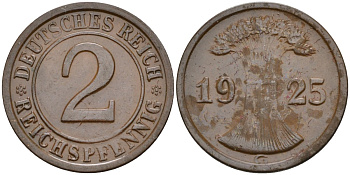 Германия 2 рейхспфеннига 1925 G KM 38, J.314, Weege 4 медь 4584-711