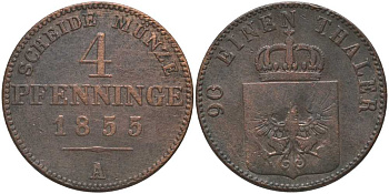 Пруссия 4 пфеннига 1855 А, Фридрих Вильгельм IV (1840-1861) KM 454, Jaeger 53, Olding 334, AKS 89 медь 117-431