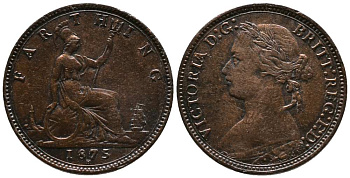 Великобритания 1 фартинг 1875 Н, Виктория (1837-1901) KM 753, Spink 3959 бронза  1518-1114