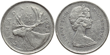 Канада 25 центов 1968 Елизавета II (1952-2022), олень KM 62 b никель 176-1113