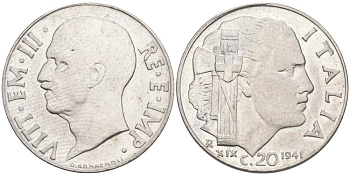 ИТАЛИЯ 20 ЧЕНТЕЗИМО 1941 R, ГОД XIX, ВИКТОР ЭММАНУИЛ III (1900-1946) KM 75b, VEM3. 1028 нержавеющая сталь 3853-1145