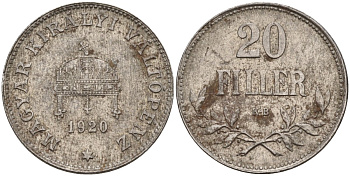 Венгрия 20 филлеров 1920 КВ, Карл I (1916-1918), редкий год KM 498 железо 4151-1032
