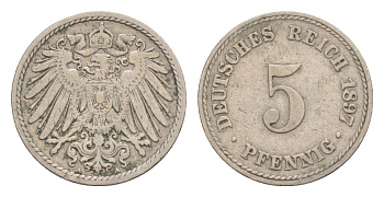 Германия 5 пфеннигов 1897 A, Вильгельм II (1888-1918) KM 11, J. 12 медно-никель 4639-1262
