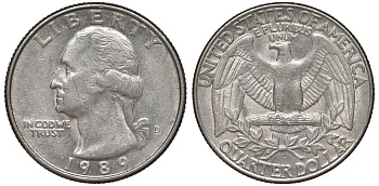 США 25 центов = квотер 1989 D, Вашингтон KM A164a медь плакированная медно-никелем 4556-1031