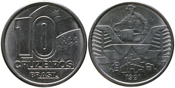Бразилия 10 крузейро 1991 KM 619.1, Schon 128 нержавеющая сталь 4519-1135