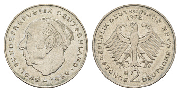 ФРГ 2 марки 1978 D, Теодор Хойс, 20 лет Федеративной Республике (1949-1969) KM A127 медно-никель 4156-124