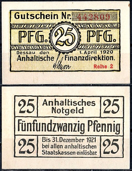 Анхальт 25 пфеннигов 1920 Mehl Grabowski A17.4b бумага UNC (пресс) 7556-44-4-1