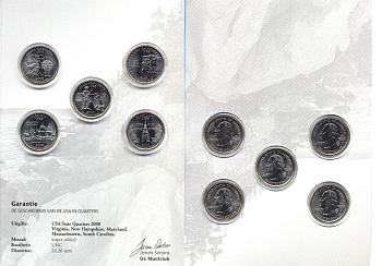 США набор из 5 квотеров 2000 штаты США: Южная Каролина, Вирджиния, Массачусетс, Мэриленд, Нью-Гемпшир KM 307, 309, 305, 306, 308 медно-никель UNC 7-6-1-30