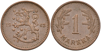 ФИНЛЯНДИЯ 1 МАРКА 1942 S KM 30а медь 4563-645