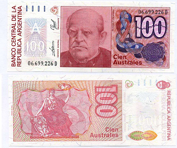 Аргентина 100 аустралей 1990 СЕРИЯ D66992, Фаустино Сармьенто, Аргентинский военный деятель, масон Pick 327с бумага UNC (ПРЕСС) 6262-38-3-2