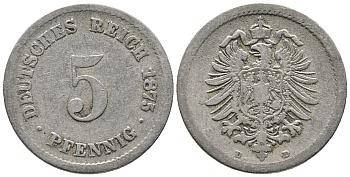 ГЕРМАНИЯ 5 ПФЕННИГОВ 1875 D, СТАРОГЕРБОВКА KM 3, J. 3 медно-никель 39-349