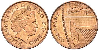 Великобритания 1 пенни 2009 Елизавета II (1952-2022) KM 1107, Spink B6 сталь плакированная медью 4609-664