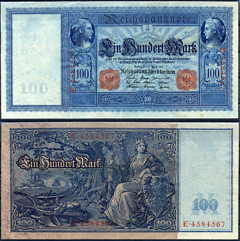 Германия 100 марок 1910 21 апреля 1910, красная серия Pick 42 бумага 000-00-00