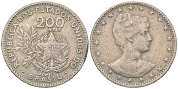 Бразилия 200 реалов 1901 MCMI, голова свободы вправо KM 504 медно-никель 4612-353