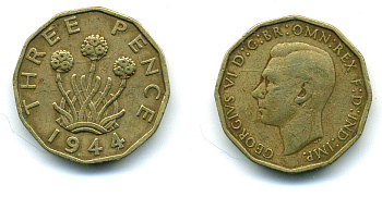 Великобритания 3 пенса 1944 Георг VI (1936-1952) KM 849, Spink 4112 никель латунь 4383-255