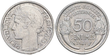ФРАНЦИЯ 50 САНТИМОВ 1941 ТИП MORLON LOURDE KM 894.1a, LE FRANC 193.2 алюминий 44-225