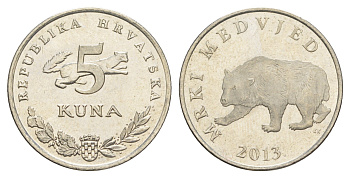 Хорватия 5 кун 2013 бурый медведь, нечетный год KM 11 медь цинк никель UNC 4573-951