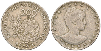 Бразилия 200 реалов 1901 MCMI, голова свободы вправо KM 504 медно-никель 4612-243