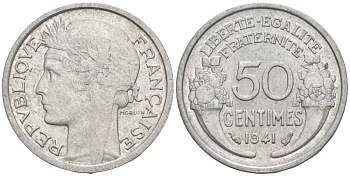 ФРАНЦИЯ 50 САНТИМОВ 1941 ТИП MORLON LOURDE KM 894.1a, LE FRANC 193.2 алюминий 44-211