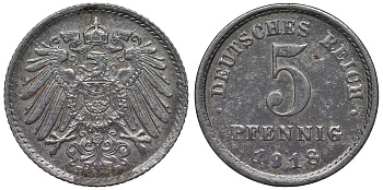 Германия 5 пфеннигов 1918 E KM 19, J. 297, Weege 5 железо 4118-1221
