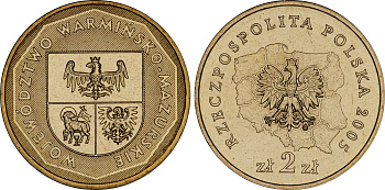 Польша 2 злотых 2005 MW, серия польские воеводства, Варминско-Мазурское воеводство KM 614 нордик UNC 4676-324