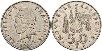 Французская Новая Каледония 50 франков 1987 хижина среди сосен и пальм, (IEOM) KM 13, Schoen 15, Lec 121 никель 4120-231