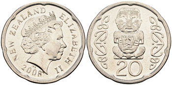 Новая Зеландия 20 центов 2008 Елизавета II (1952-2022), идол Пукаки KM 118а никелированная сталь 4579-1232