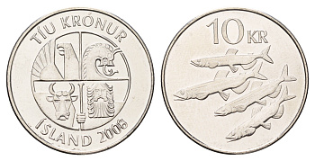 Исландия 10 крон 2008 рыбы KM 29.1a сталь плакированная никелем UNC 4691-316