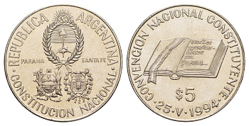 Аргентина 5 песо 1994 Национальное Учредительное собрание KM 115 медно-никель BU 4537-614