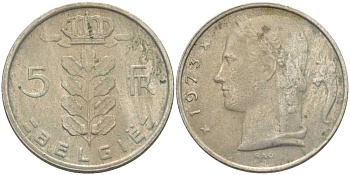 БЕЛЬГИЯ 5 ФРАНКОВ 1973 BELGIE, БОДУЭН I (1951-1993) KM 135.1 медно-никель 119-822