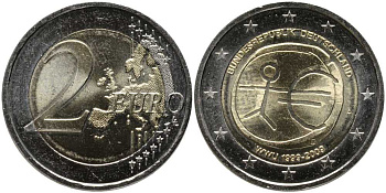 ФРГ 2 евро 2009 А, 10 лет монетарной политики ЕС (EMU) и введения евро KM 277 биметалл UNC 115-1031