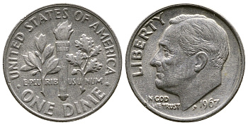 США 10 центов (дайм) 1967 Рузвельт KM 195а медь плакированная медно-никелем 08-1363