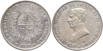 Уругвай 50 сентесимо 1917 KM 22 серебро 59-1534