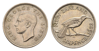 Новая Зеландия 6 пенсов 1952 Георг VI (1936-1952), разноклювая гуйя KM 16 медно-никель aUNC 39-1218