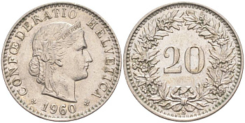 Швейцария 20 раппенов 1960 В KM 29a медно-никель 55-753