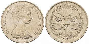 Австралия 5 центов 1981 Елизавета II (1952-2022), ехидна KM 64 медно-никель 3851-1133