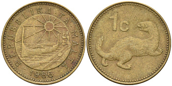 Мальта 1 цент 1986 ласка, горностай KM 78 никель латунь 4585-1124