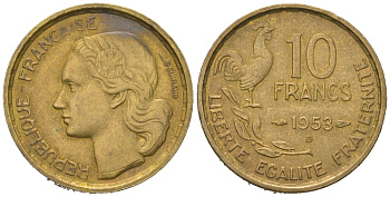 Франция 10 франков 1953 петух KM 915.1, Le Franc 363.8 алюминиевая бронза 4164-1161