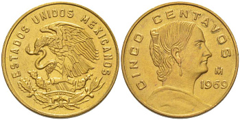 МЕКСИКА 5 СЕНТАВО 1969 Мо KM 626 латунь 4519-641