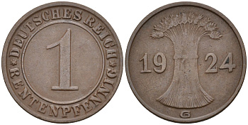Германия 1 рентенпфенниг 1924 G KM 30, J.306, Weege 1 медь 4585-546