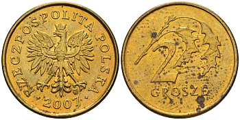 Польша 2 гроша 2007 MW KM 277, Parchimowicz 702n латунь 4580-532