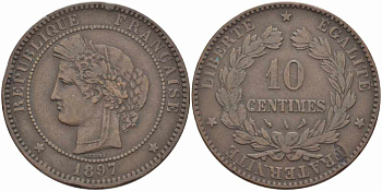 Франция 10 сантимов 1897 A, Третья Республика (1871-1940) KM 815.1, LA FRANC 135.44 бронза 4683-513