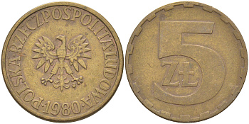 ПОЛЬША 5 ЗЛОТЫХ 1980 MW KM 81.1 латунь 106-621