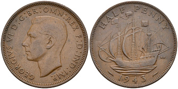 Великобритания 1/2 пенни 1943 Георг VI (1936-1952) KM 844, Spink 4115 бронза 190-751
