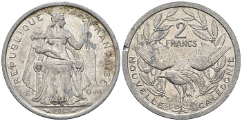 Французская Новая Каледония 2 франка 1983 птица кагу, (IEOM) KM 14, Schoen 11, Lec 63 алюминий    08-1016