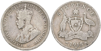 Австралия 6 пенсов 1918 M, Георг V (1910-1936), редкий год KM 25 серебро 4623-151