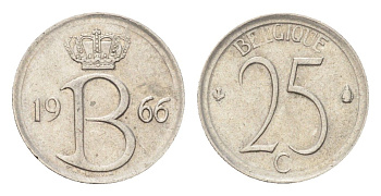 Бельгия 25 сантимов 1966 Belgique, Бодуэн I (1951-1993) KM 153 медно-никель 4705-329